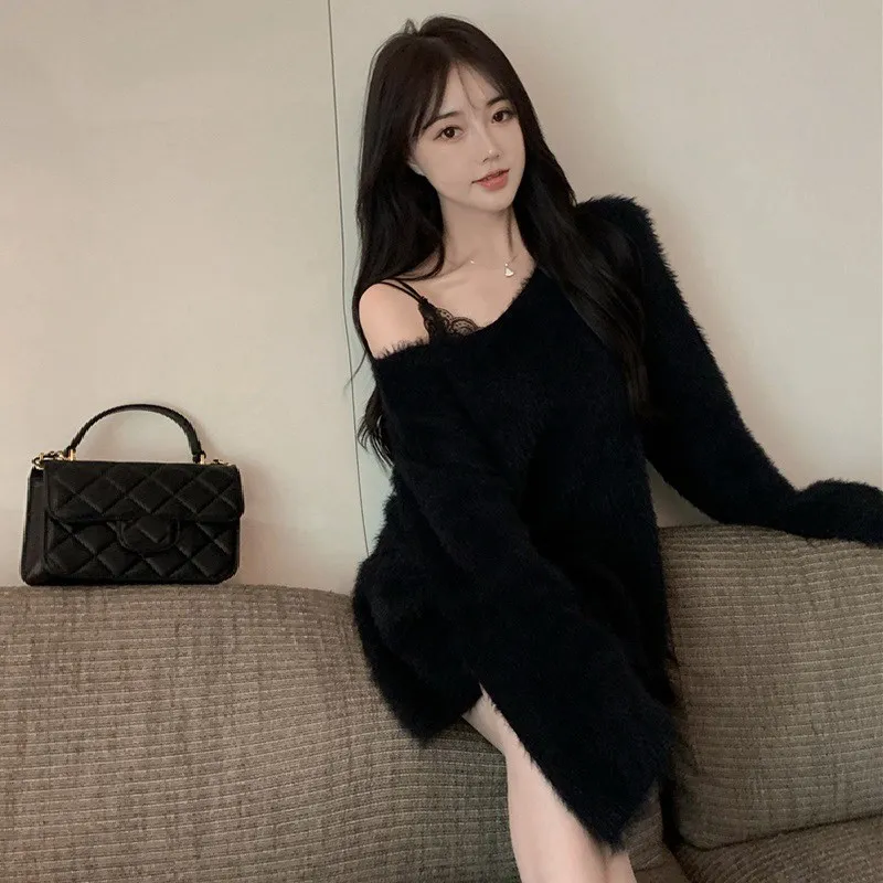 Women's Elegant Soft Mink Fleece Sweater 2024 Fall Clothing Pink Sweet Knitted Pullovers Midi Top Pull Femme Korean Loose Jumper - Image 4