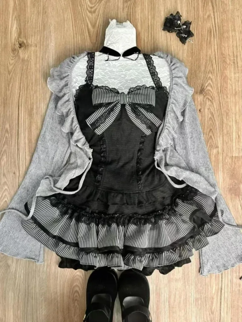 Sweet Lolita Early Autumn Three Piece Set Lace up Ruffles Cardigan Sexy Slim Fit Strapless Vest Tops High Waist Ruched Skirts - Image 3