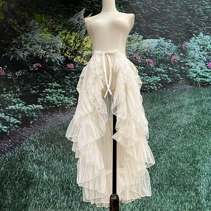 Gothic Lolita Lace Mesh Ruffles Fairy Princess Party Skirt Women Asymmetrical Cute Curtain Sheer Cover Up Thin Long Skirts White - Image 2