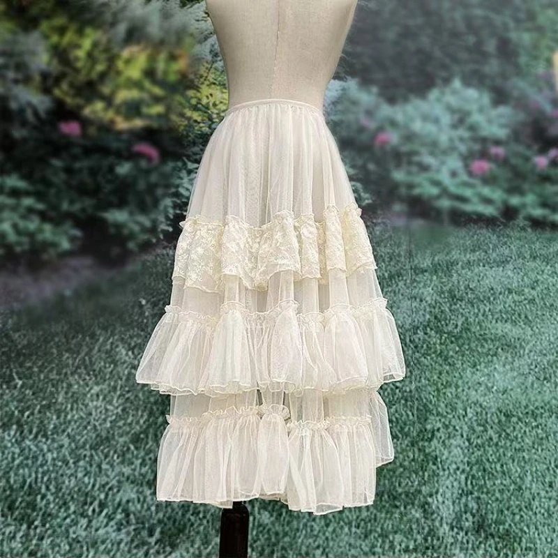 Gothic Lolita Lace Mesh Ruffles Fairy Princess Party Skirt Women Asymmetrical Cute Curtain Sheer Cover Up Thin Long Skirts White - Image 3
