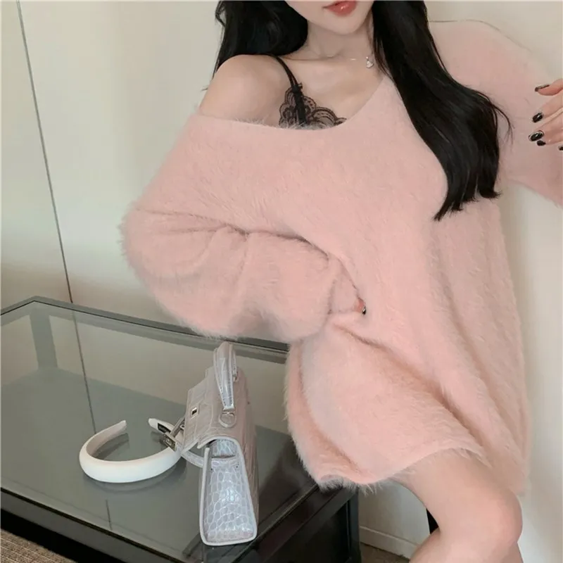 Women's Elegant Soft Mink Fleece Sweater 2024 Fall Clothing Pink Sweet Knitted Pullovers Midi Top Pull Femme Korean Loose Jumper - Image 5