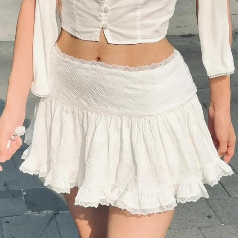 Balletcore Ruffled Mini Skirt 2025 Elegant Lace Patchwork Trim Low Rise Tiered White Skirt Summer Women Vintage Y2K Goth Outfit
