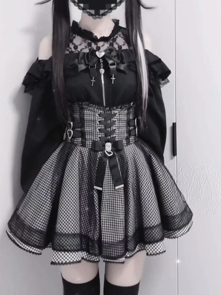 Sweet Elegant Kawaii Slim Off Shoulder Shirts Women's Japanese Lovely Lace Black Short A Line Skirts Fashion Vintage Lolita Set